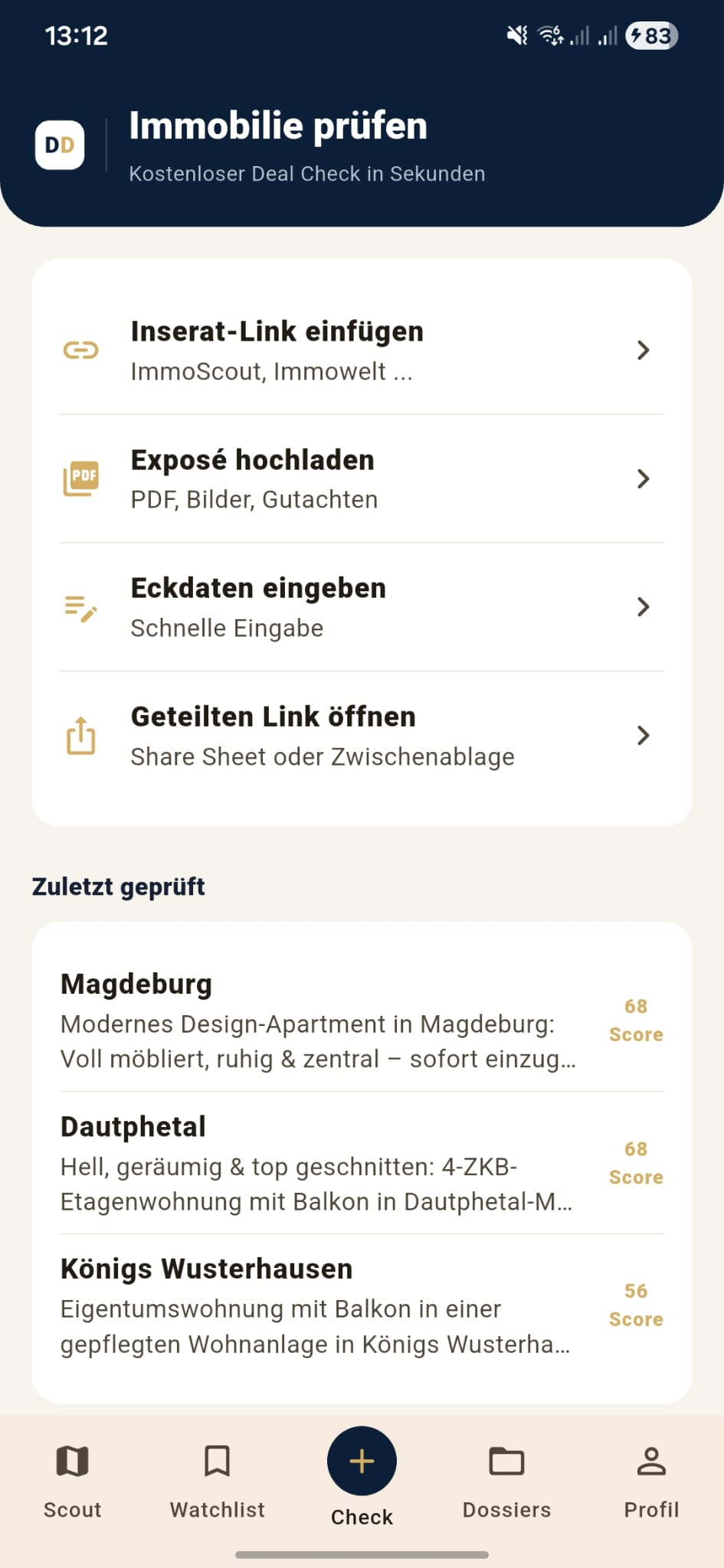 DealDossier App Screenshot mit persönlichem Deal-Scout
